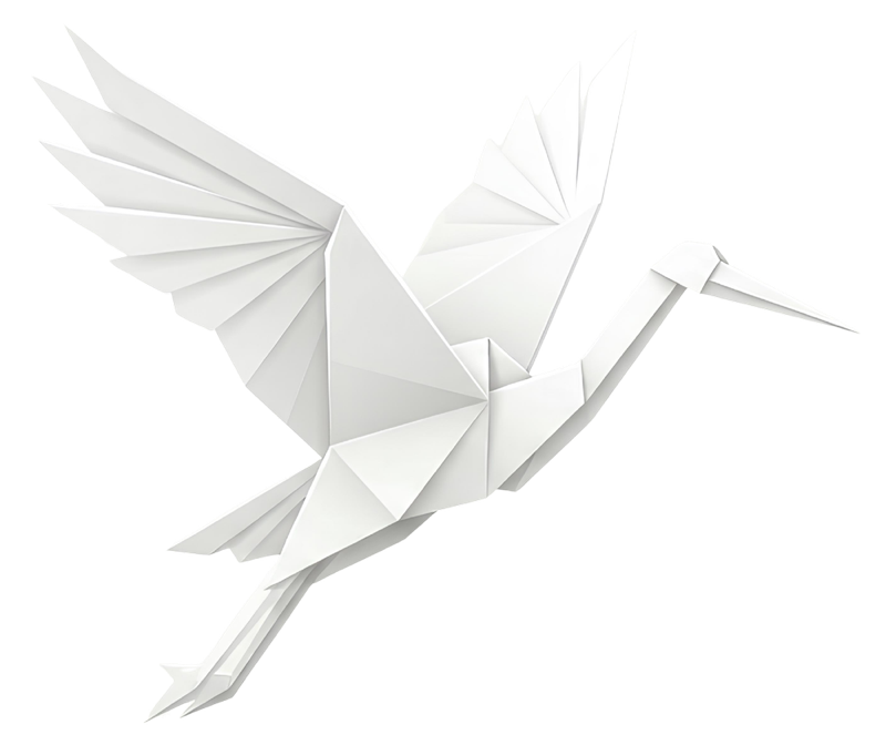 Une grue en origami blanche en vol, l'icône de Hingami